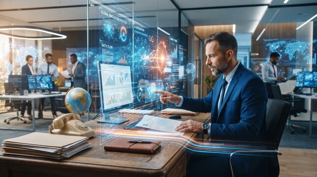 AI business transformation concept showing transition from traditional office to digital technology