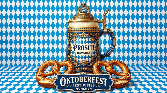 Traditional bavarian beer stein with salted pretzels on a blue and white diamond pattern background, for oktoberfest celebration poster