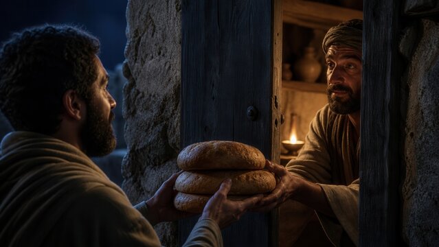 Two men exchange three loaves of bread through a doorway at night. Biblical parable illustrating persistent prayer, hospitality, generosity, and receiving daily bread from a neighbor.