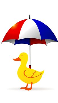 Yellow duck under a red white and blue umbrella, illustration, simple, protection, weather, isolated, cute, cartoon