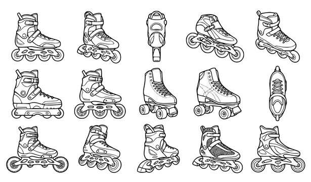 Rollerblade outline icons in side front rear and perspective views vector set