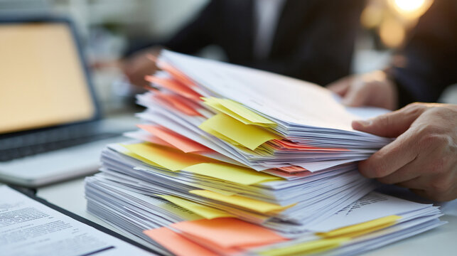 Property attorney comparing two sets of ownership and mortgage documents side by side during a title review, colored tabs marking sections but no legible labels, laptop in
