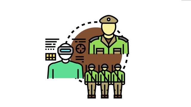 Military commander overseeing the deployment of an armed unit, incorporating elements of strategic planning, virtual reality training simulation, and team preparation