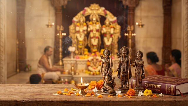 Ram Darbar and Ramayana Book &ndash; Sacred Hindu Devotion in Temple Sanctum
