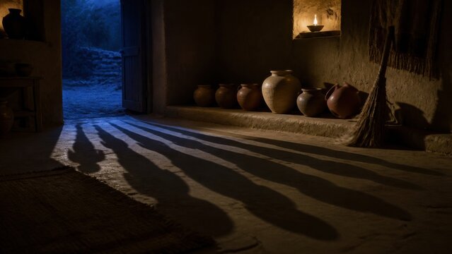 Ancient empty house swept clean with oil lamp, pottery, broom, and ominous shadows entering through the doorway. Biblical parable about spiritual emptiness and returning darkness.