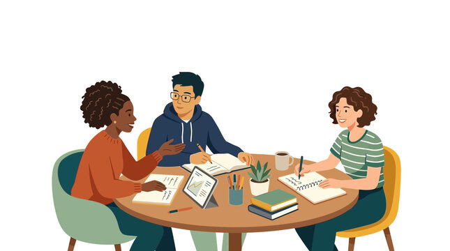 Group of Diverse Young Students Studying and Collaborating Together at a Round Table Illustration