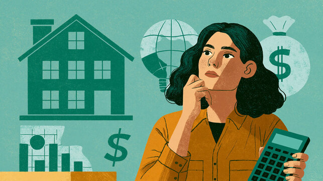 Home buyer comparing two mortgage scenarios: larger down payment with lower monthly payment versus smaller initial payment with higher monthly costs, calculator and abstract