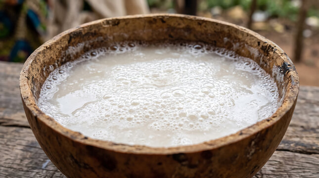 Frothy Traditional Palm Wine Served in a Calabash Gourd Bowl Close-Up