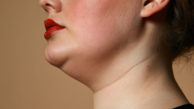 Woman's lower face and neck showing submental fat, forming a double chin, highlighting concerns related to aging, weight management, and cosmetic procedures