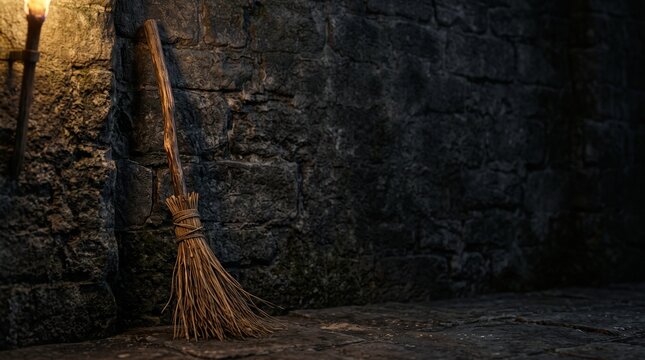 : Old Witch Broom Leaning Against Stone Wall in Dark Halloween Setting