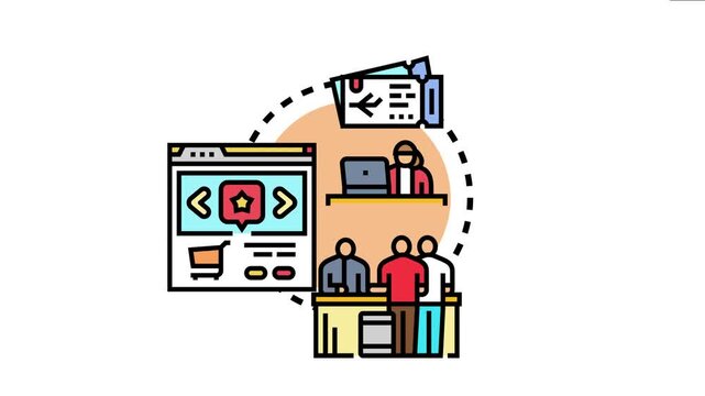 Service employees assisting customers with online booking, registration, badge issuance, and check in procedures, highlighting a comprehensive arrival management system