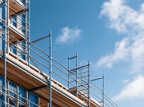 Construction site with scaffolding structures under a blue sky and clouds