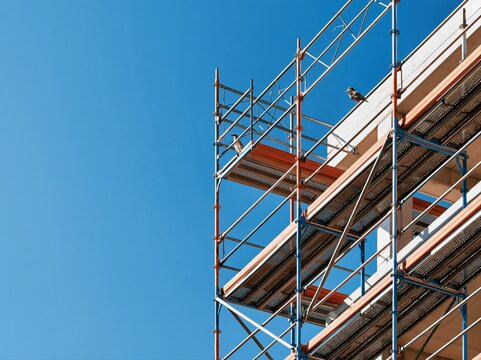 Scaffolding on a building with a bird perched in bright blue sky