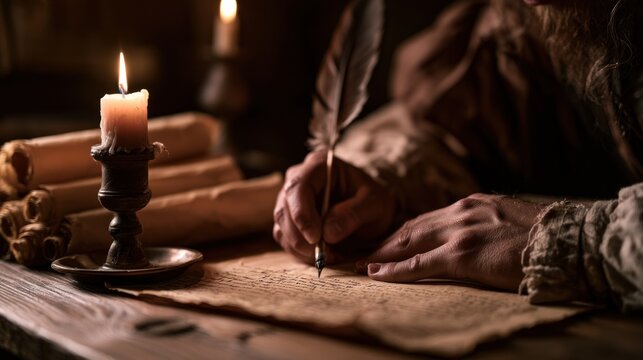 Close up of a person writing with a quill pen and ink on parchment by candlelight