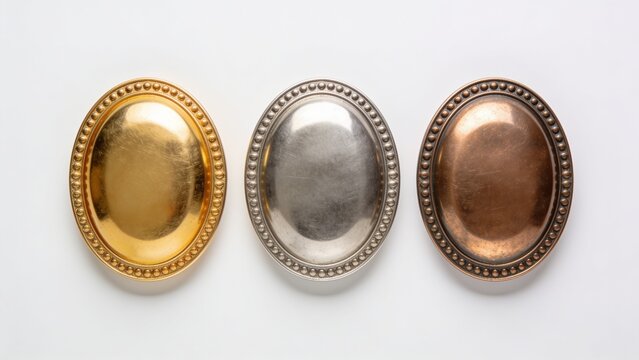 circular metallic objects arranged horizontally against a plain white background. Each object is a different color gold on the left, silver in the center, and bronze on the right. The objects have a s