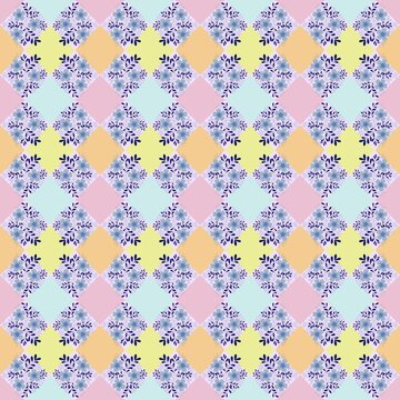 Pastel geometric floral pattern with blue flowers, leafy motifs, and colorful diamond shapes creating a seamless decorative textile background.