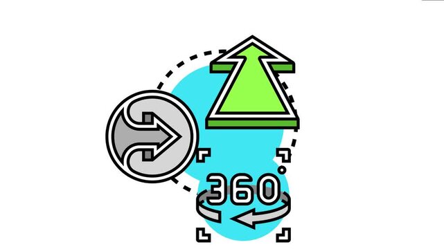 Arrows depicting varied directions, a circular motion with 360 degrees, and a repeating cyclical path, symbolizing change, rotation, and navigation