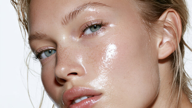 Young woman with natural freckles having radiant and dewy skin, showing a healthy glow, hydration, and a wet look, symbolizing fresh beauty and skincare