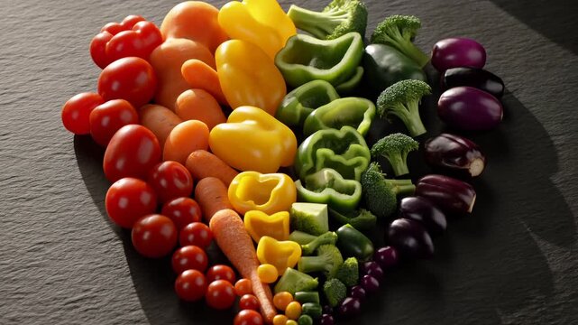 Heart shaped arrangement of fresh vegetables on dark textured tabletop, with cherry tomatoes, carrots, peppers, broccoli, and eggplants in vivid color bands under strong side light