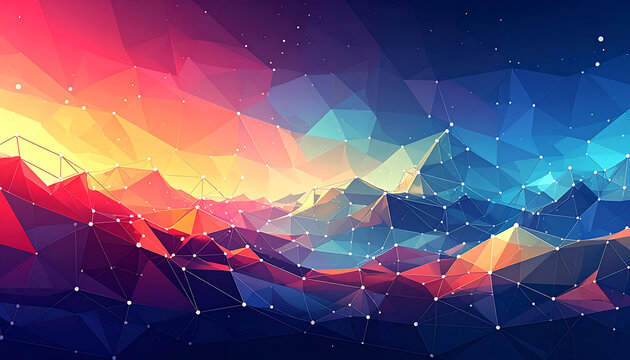 Abstract geometric landscape with glowing low poly mountains and starry night sky, vibrant gradient colors
