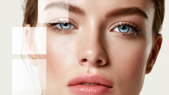 Woman's face demonstrating before and after cosmetic treatment, showing makeup and skin improvement with a clear section revealing natural features