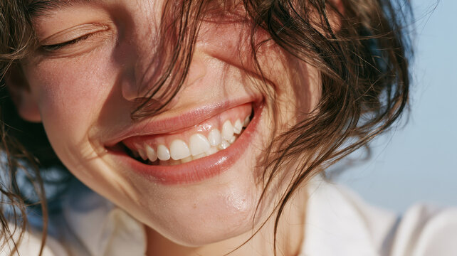 Young woman smiling with closed eyes and healthy white teeth, enjoying a carefree moment with warm sunlight on her face and wind blowing through her hair