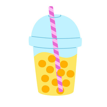 Flat cartoon drink to go with straw. Cute vector bubble tea icon.