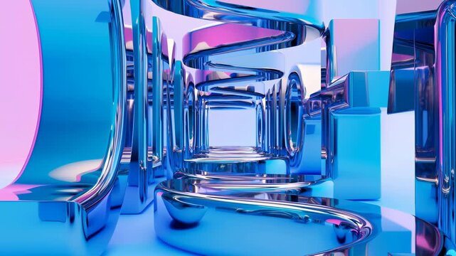Abstract futuristic corridor with mirrored blue and pink surfaces, curved chrome forms, strong central perspective, glowing opening, polished interior depth, sleek digital luxury mood