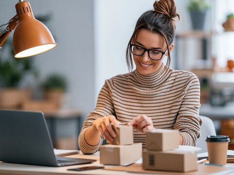 Woman working at desk with laptop and packages in a bright office space during daytime
