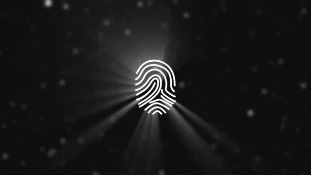 Glowing white fingerprint icon radiates soft light rays on dark field. Digital privacy security modules employ this fingerprint. Glowing white fingerprint icon shines bright.
