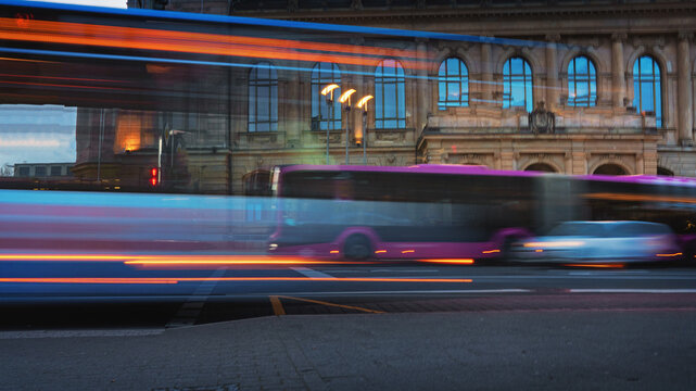  Panoramic high speed of public transport in big city, light abstract background. Speed concept.