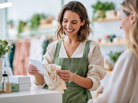 Customer enjoys shopping at a local store while a worker assists her with a gift
