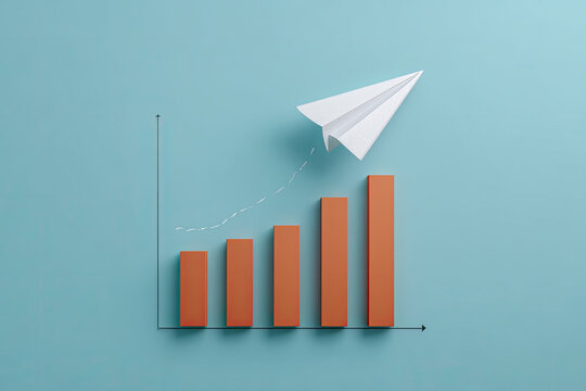 A rapidly growing bar chart and a paper airplane flying over it. 