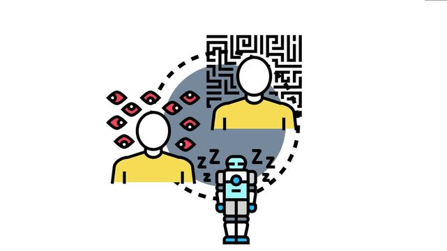 Artificial intelligence experiencing hallucinations, confusing a human mind with a maze, while a sleeping robot processes information and visual illusions appear