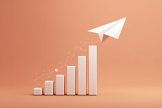 A rapidly growing bar chart and a paper airplane flying over it. 