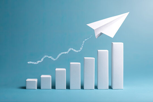 A rapidly growing bar chart and a paper airplane flying over it. 