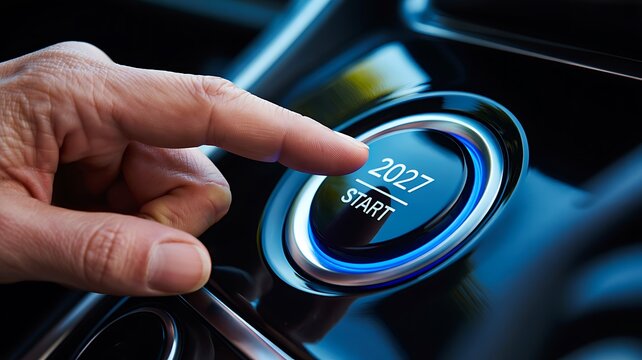 New 2027 start concept with finger pressing illuminated car start button