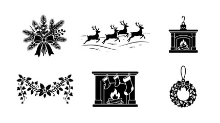 Fototapeta premium Set of black silhouette Christmas icons featuring reindeer, fireplace, festive wreath, pine branches and holiday garland for seasonal design projects and winter greeting cards isolated on transparent