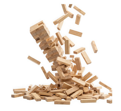 A wooden block tower collapsing and falling apart, isolated on transparent background