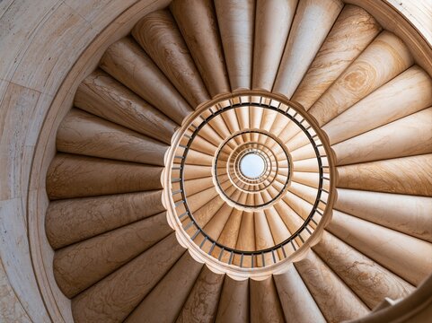 Spiral staircase wraps around with smooth curves and circular design in a well-lit space