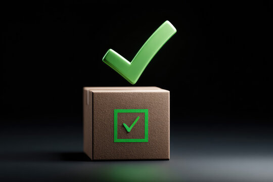 Green voting tick in a box. Checkbox. Democratic elections, referendum. The right to choose, change of power. Necessary quality criteria approval symbol. Checklist for verification and self-discipline