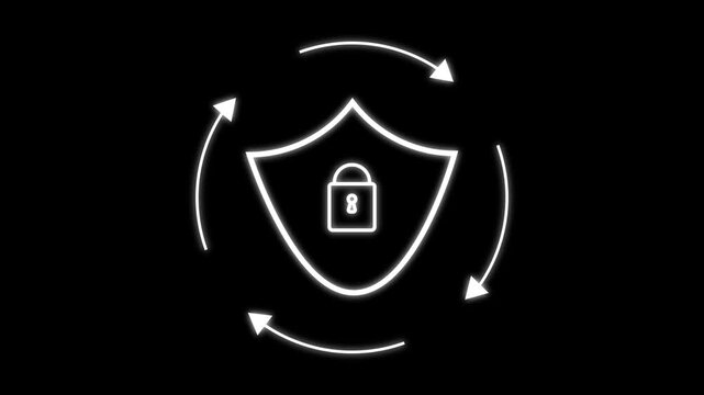Glowing security shield displays a lock icon with circular arrows. Cybersecurity defense network tools deploy security shield. Security shield graphics pulse bright.