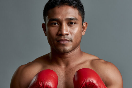 Boxer poses with red gloves and serious expression