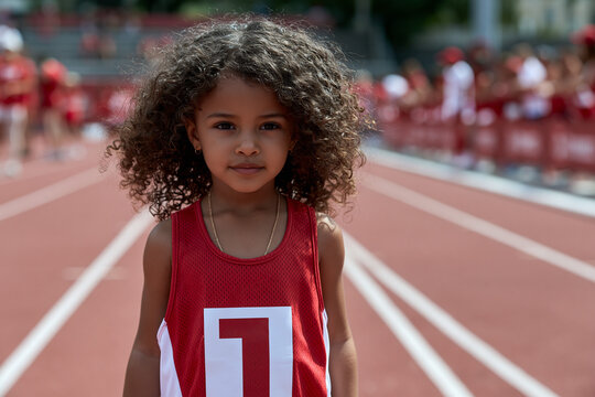 Child runner at track event in sunny weather