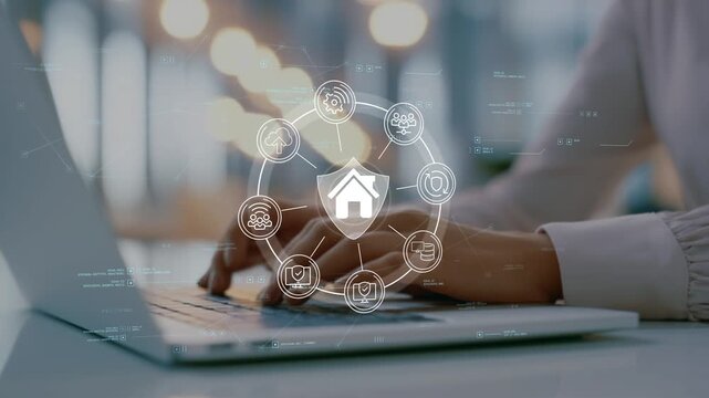 Businesswoman in modern office managing smart home technology and residential security with connected property systems, digital access controls, automated protection and secure modern living solutions