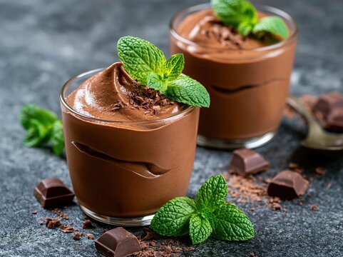 Delicious chocolate mousse served in clear glass cups with fresh mint and chocolate pieces on a dark surface
