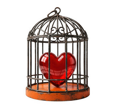 A red glass heart trapped inside a vintage metal birdcage isolated on transparent background