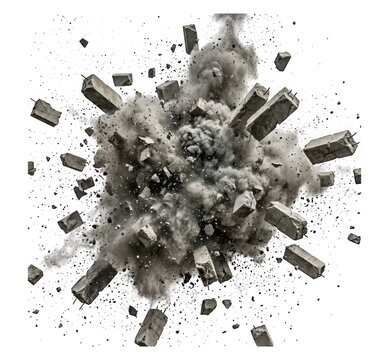 Explosion of concrete blocks and debris isolated on transparent background