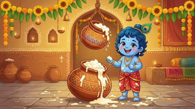Little blue lord Krishna cartoon character enjoying fresh butter from clay pots celebrating Janmashtami festival event.