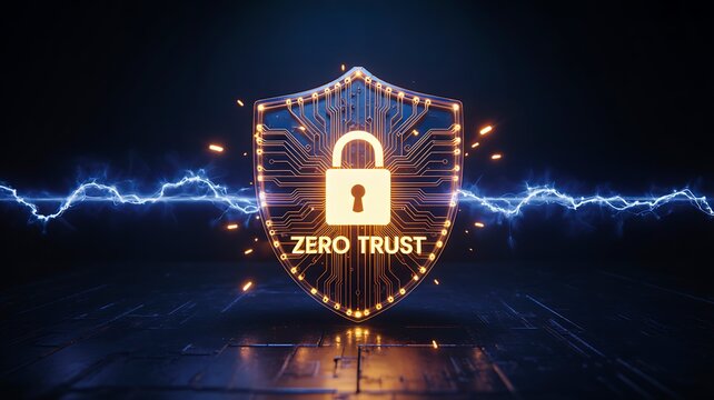 Zero trust cybersecurity concept with digital shield and padlock